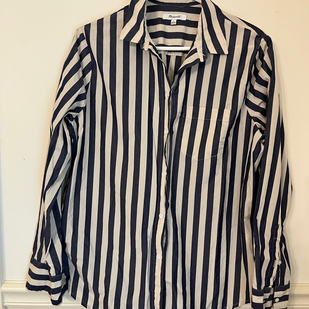 Madewell Navy and Cream Striped Shirt Medium
